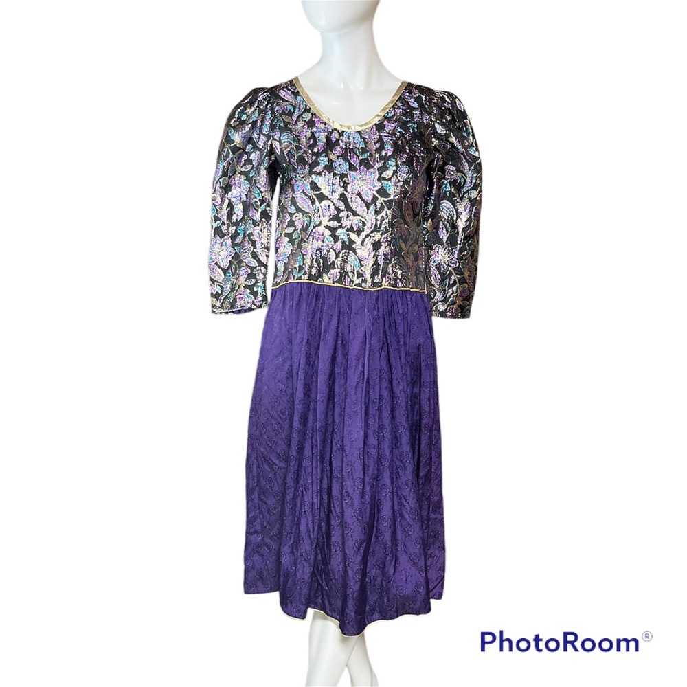 Vintage 70s 80s Dress Womens Small Purple Metallic Prom Party Halloween Costume